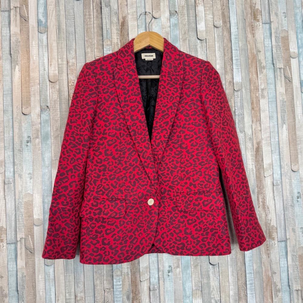 Zadig & Voltaire Viking Jacquard Blazer Jacket Passion Red Leopard Print 34 XS
